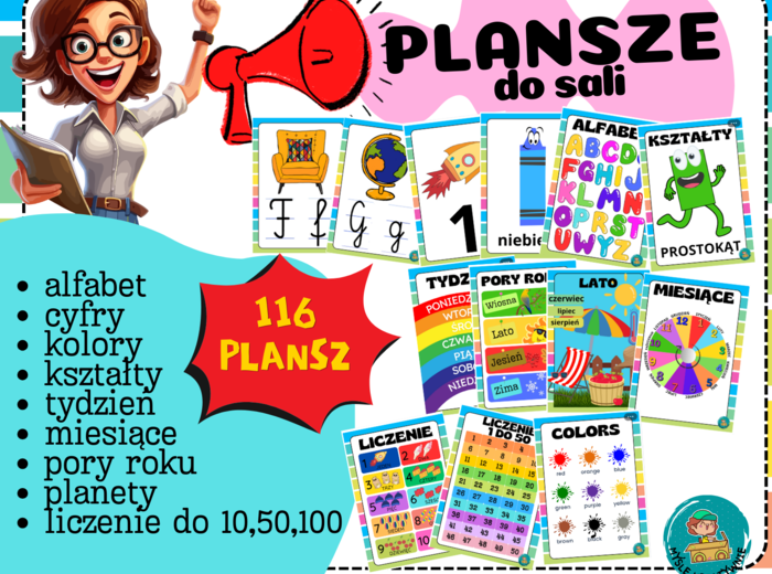 PLANSZE DO SALI - ALFABET, SAMOGŁOSKI, CYFRY, MIESIĄCE, PORY ROKU, DNI TYGODNIA, KSZTAŁTY