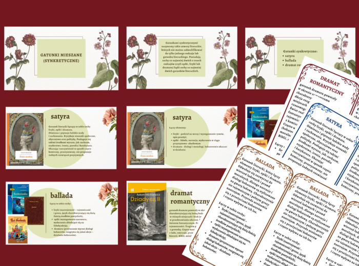 GATUNKI SYNKRETYCZNE – prezentacja + 3 wklejki: satyra, ballada, dramat romantyczny – egzamin – powtórzenie – kl. .4-8