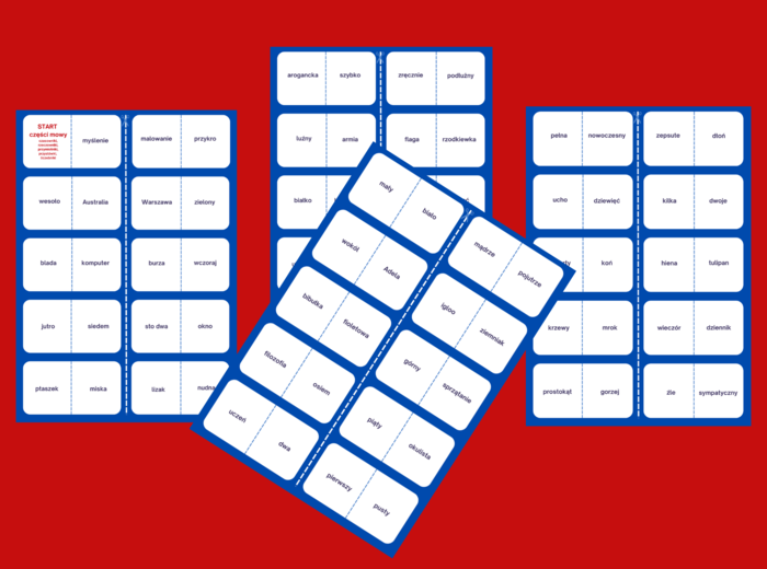 GRAMATYCZNE domino - CZĘŚCI MOWY - wersja 2 – czasownik – rzeczownik – przymiotnik - liczebnik - przysłówek