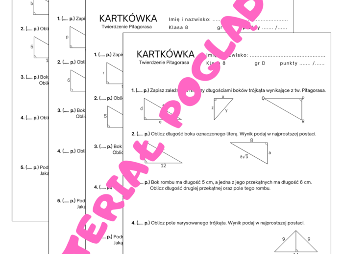 Twierdzenie Pitagorasa - kartkówka, karta pracy. Klasa 7. Klasa 8