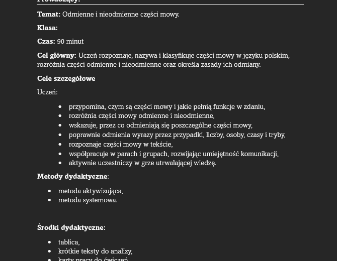 Odmienne i nieodmienne części mowy- scenariusz lekcji