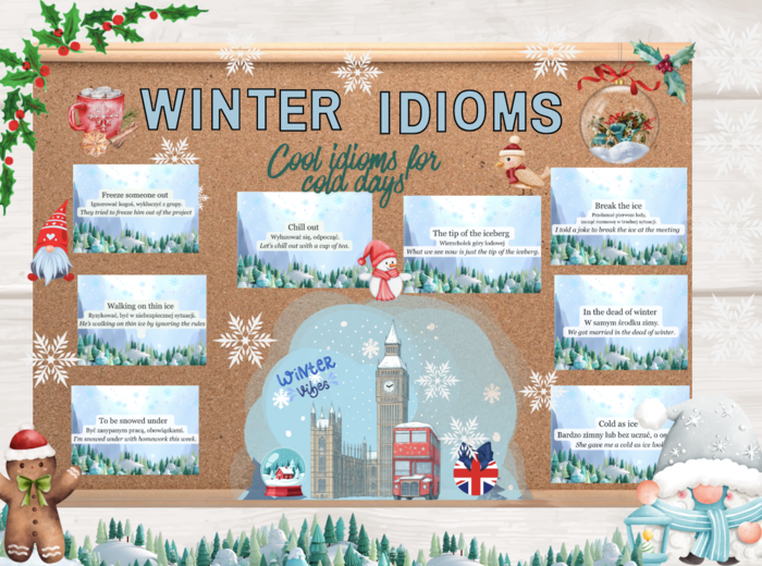 ❄️🇬🇧 Gazetka językowa „WINTER IDIOMS” 🇬🇧❄️8 plansz z idiomami, tłumaczeniem i przykładem zdania| Edukacyjna i kolorowa dekoracja klasy lub korytarza