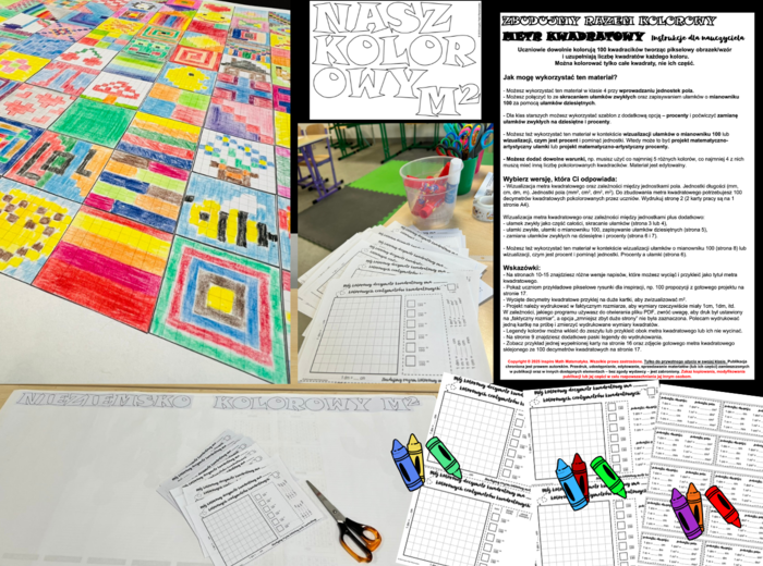 Projekt grupowy: KOLOROWY METR KWADRATOWY. Jednostki długości, pole, jednostki pola, opcje dodatkowe: ułamki zwykłe, ułamki dziesiętne, procenty.