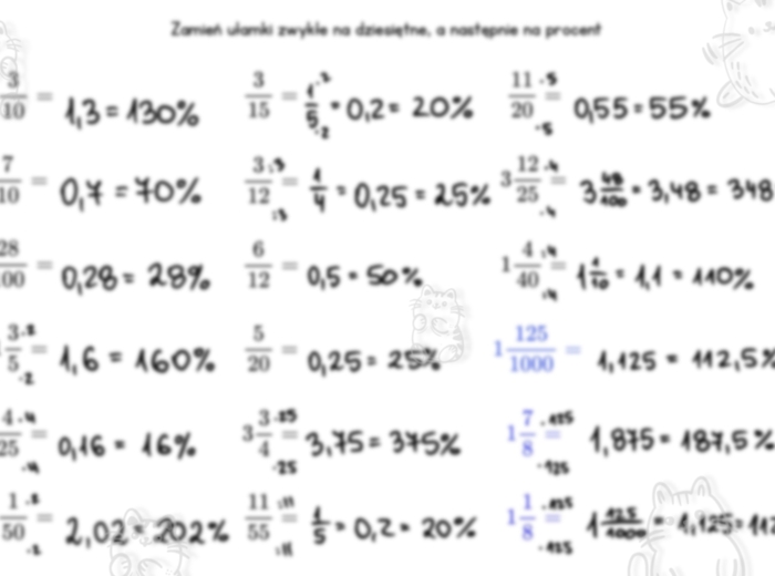 Ułamki zwykłe → dziesiętne → procenty – karta pracy z rozwiązaniami (klasy 6–8)