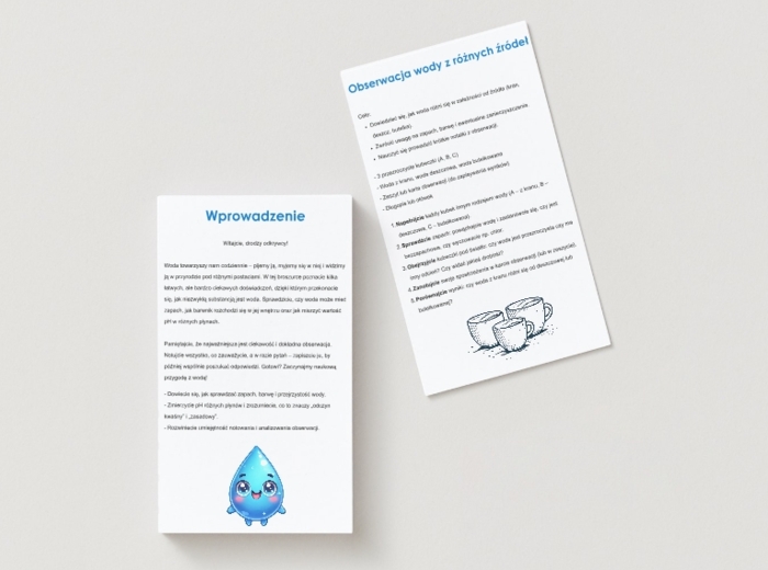 Zestaw do doświadczeń z wodą. Instrukcje. Karty obserwacji. Czy woda z kranu ma zapach? Odczyn próbek.