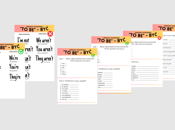 Odmiana czasownika TO BE - BYĆ - zestaw - tablice - wklejki - ćwiczenia 15 stron