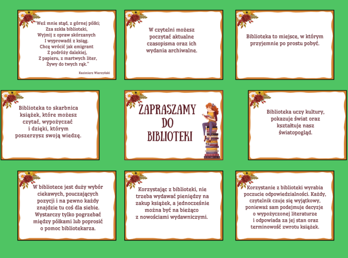 ZAPRASZAMY DO BIBLIOTEKI - biblioteka - gazetka – zalety biblioteki - cytaty – wersja 3