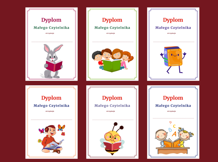 DYPLOM MAŁEGO CZYTELNIKA - pasowanie - BIBLIOTEKA - dyplomy – 12 wersji