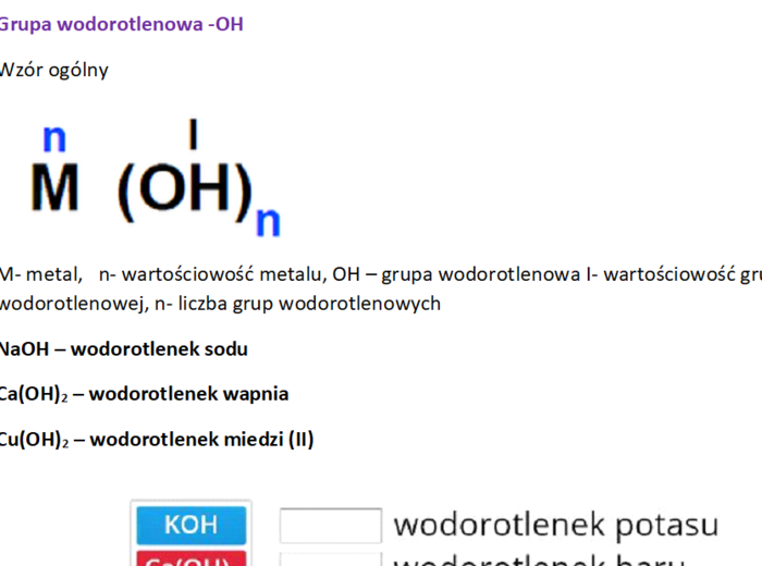 Karta pracy "Wodorotlenki" klasa 7