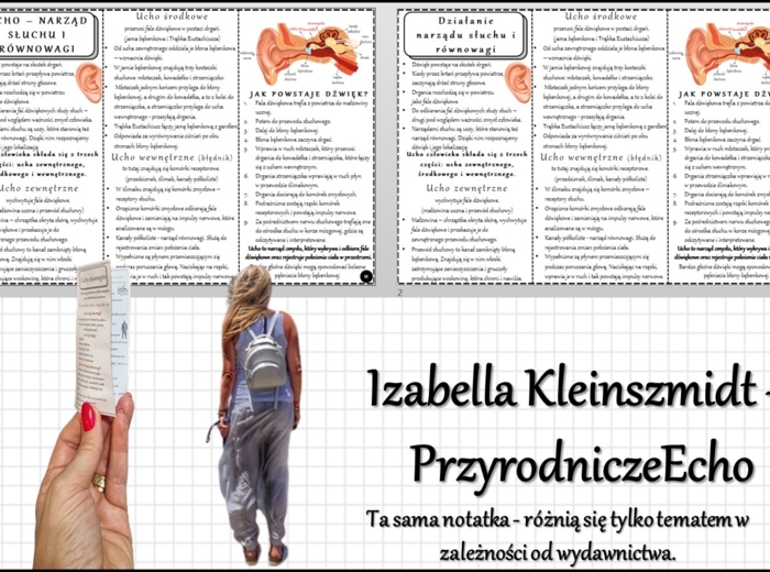 Książeczka/broszurka/notatka/sketchnotka/wklejka/ściąga dla ucznia/przypomnienie dla nauczyciela - w pdf. – „UCHO – NARZĄD SŁUCHU I RÓWNOWAGI”, „Działanie narządu słuchu i równowagi”. Biologia 7. Dział „Narządy zmysłów”. Na podstawie wydawnictw: Nowa Era