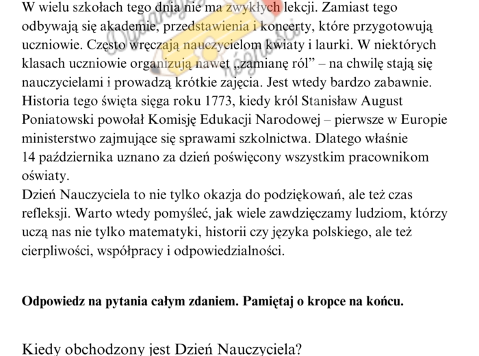 Dzień Nauczyciela kl. 4-6. Czytanie ze zrozumieniem