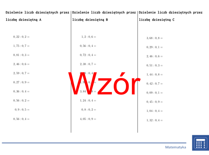 Dzielenie liczb dziesiętnych przez liczbę dziesiętną | matematyka | 26 kolumn