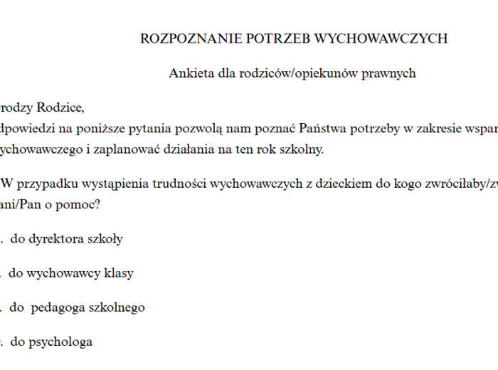 Ankieta dla rodziców badająca potrzeby wychowawcze