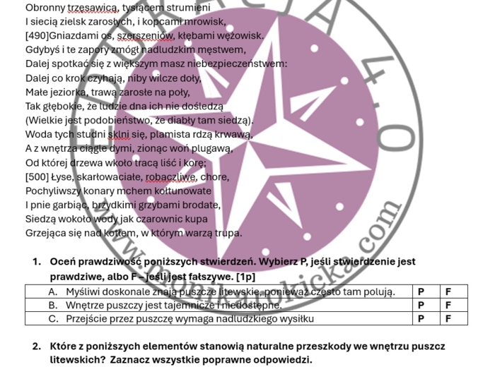 "Pan Tadeusz". Fragment ks. IV. Matecznik – Czytanie ze zrozumieniem - zestaw zadań dla uczniów klas 7–8