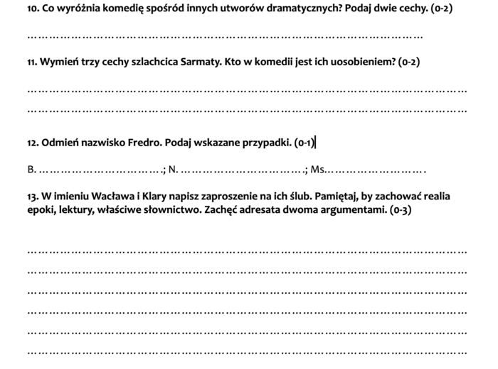 "Zemsta" - sprawdzian wiedzy i umiejętności (po omówieniu lektury)