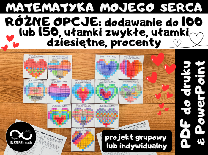 Matematyczne Walentynki. Projekt grupowy lub indywidualny: Matematyka mojego serca. Różne opcje: dodawanie do 100 lub 150, ułamki zwykłe, ułamki dziesiętne, procenty.