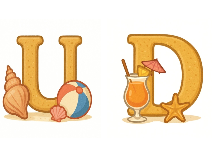 Gazetka: Napis: UDANYCH WAKACJI