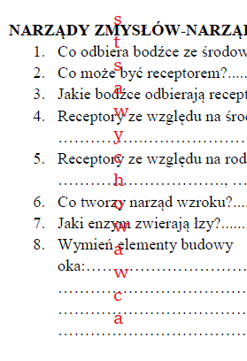 Receptory, narząd wzroku - karta pracy