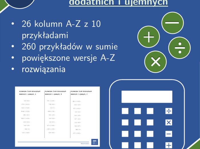 Arytmetyka liczb dziesiętnych dodatnich i ujemnych | matematyka | 26 kolumn