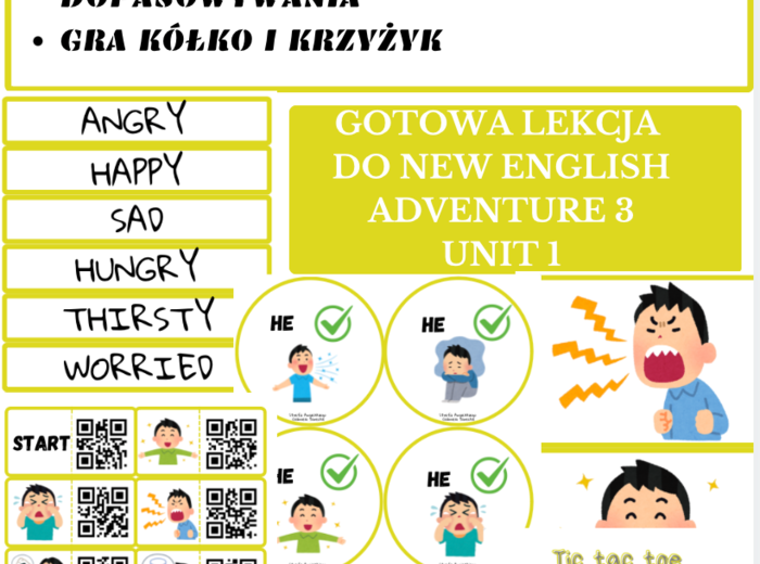 Materiały do podręcznika New English Adventure 3 Unit 1 - Emotions, prezentacja, karty speaking, gra domino, kółko i krzyżyk