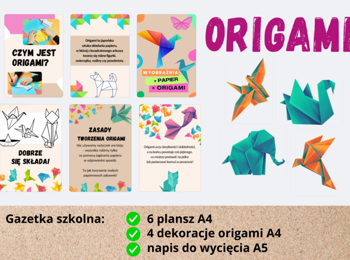 Gazetka szkolna ORIGAMI składanie papieru, 6 plansz + 4 dekoracje + napis PDF