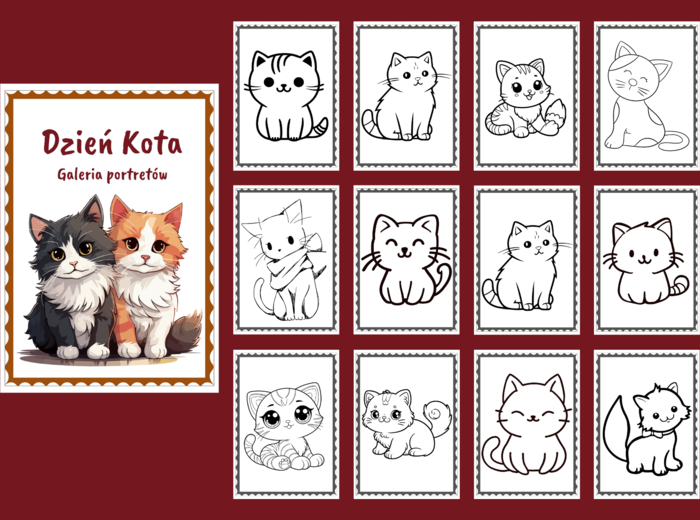 🖤🐱DZIEŃ KOTA – Galeria portretów – kolorowanka – kolorowanki – biblioteka – świetlica – przedszkole – 25 wersji - Dzień Czarnego Kota