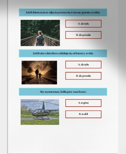 W prawo, w lewo, w górę, w dół, do przodu, do tyłu. Karta pracy. Sprawdzian.