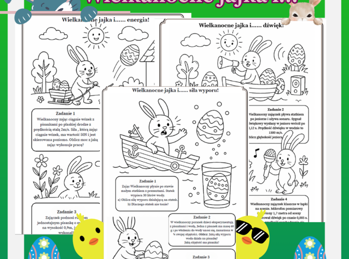 Kolorowanka. Fizyka. Zadania - energia, siła wyporu, dźwięk. Wielkanoc. Mrs_Physics. Fizunia