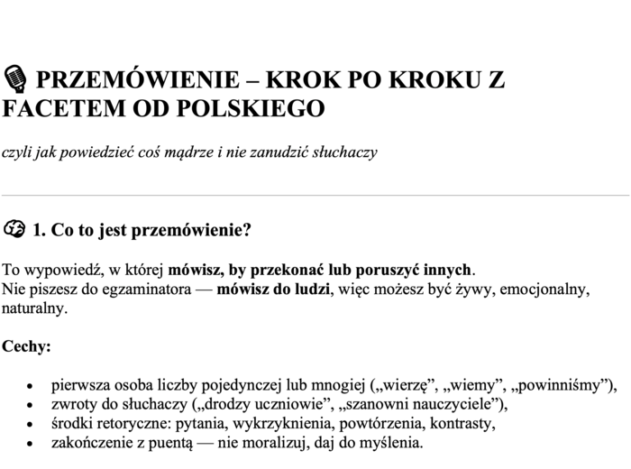 Przemówienie - schemat dla uczniów klasy ósmej