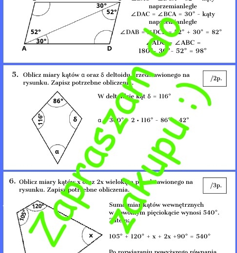 Własności wielokątów oraz kąty w wielokątach - kartkówka lub karta pracy z rozwiązaniem