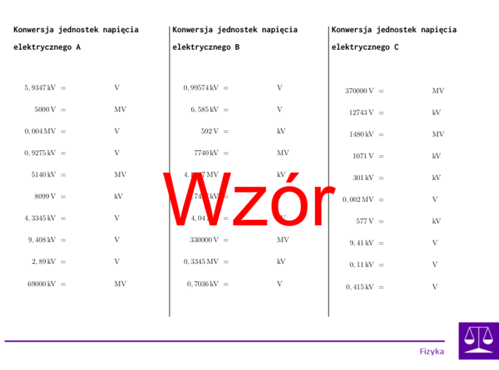 Konwersja jednostek napięcia elektrycznego | matematyka | 26 kolumn