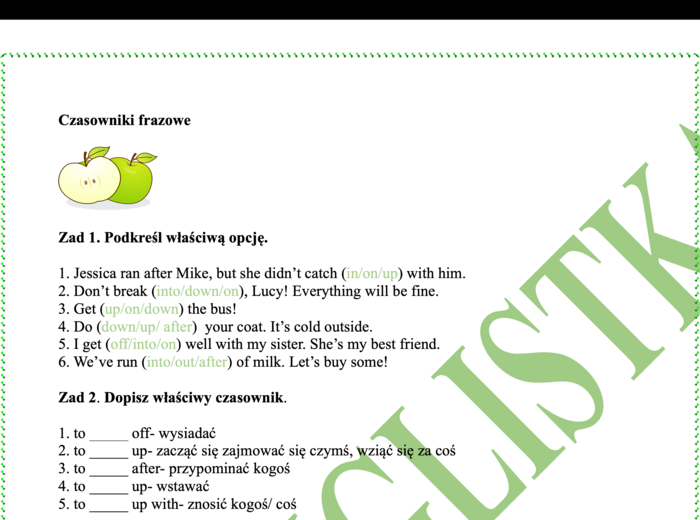 Czasowniki frazowe - 4 ćwiczenia z kluczem+ gratis: lista wykorzystanych w ćwiczeniach czasowników z tłumaczeniem- Egzamin Ósmoklasisty/ Matura