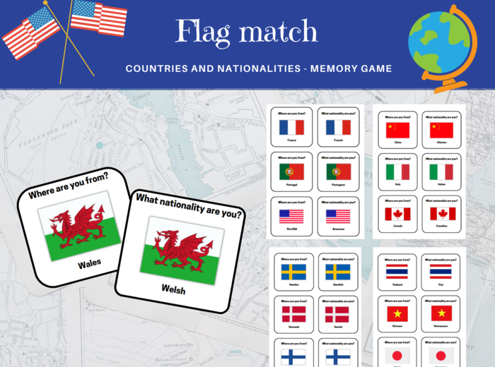 Flag Match: Countries & Nationalities - Memory game- Państwa, Narodowości, Flagi Gra Memory, język angielski, klasa 4, 5, 6