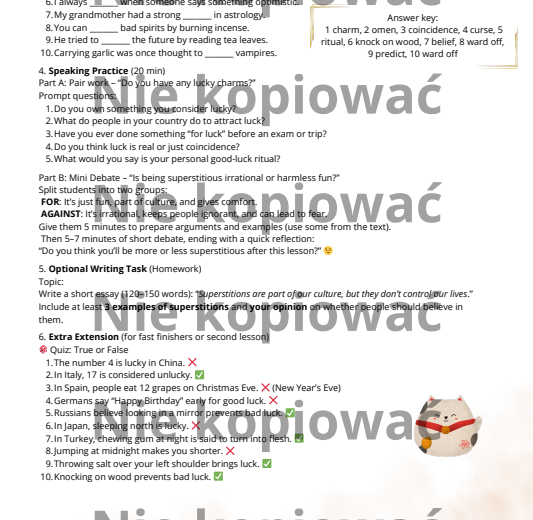 Karta pracy z czytanką Superstitions Around the World B1+/B2