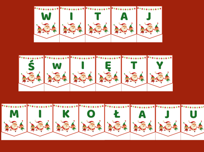 WITAJ ŚWIĘTY MIKOŁAJU – MIKOŁAJKI – Mikołaj – GIRLANDA – biblioteka – świetlica – przedszkole – gazetka – wersja 2