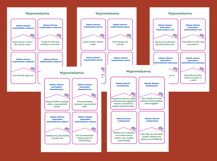 WYPOWIEDZENIA złożone - zdania - fiszki - klasa 7 - 8 - egzamin - składnia - 44 szt.