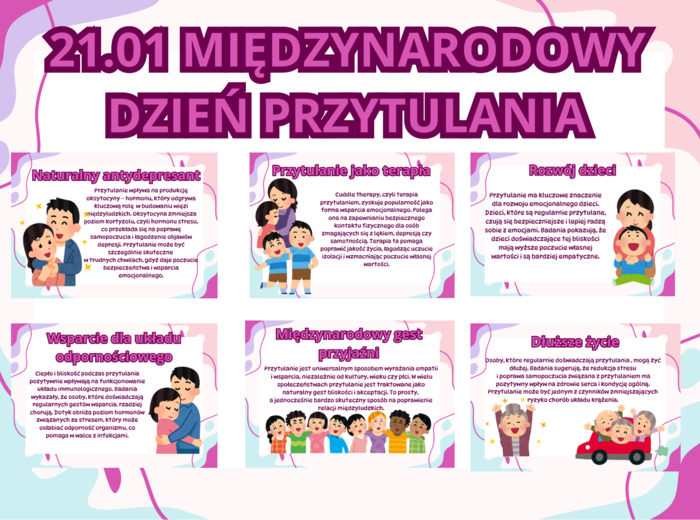 21.01- Międzynarodowy Dzień Przytulania- napis + 10 kolorowych kart A4