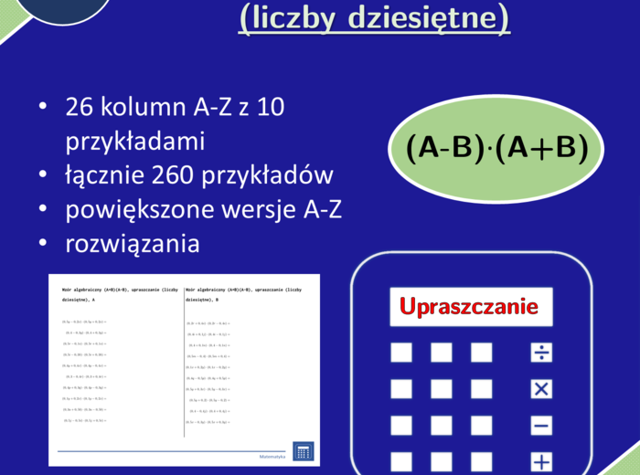 Wzór algebraiczny (A+B)(A-B), upraszczanie (liczby dziesiętne) | matematyka, algebra | 26 kolumn