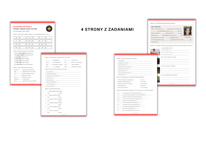 Gramatyka angielski klasa 4: Czas teraźniejszy Present Simple - ćwiczenia, karty pracy Zdania twierdzące, przeczenia, pytania i krótkie odpowiedzii