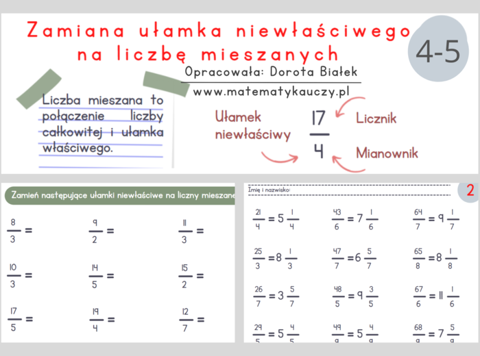 Zamiana ułamka niewłaściwego na liczbę mieszaną PDF / KARTY PRACY kl.4 – kl.5 PDF + ROZWIĄZANIA