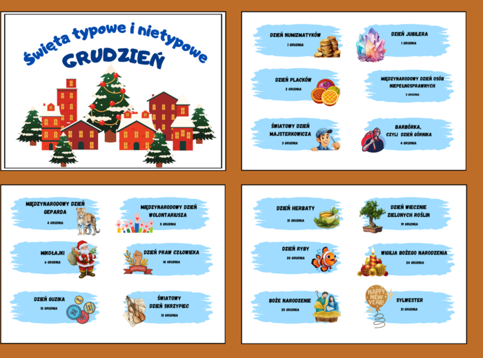 ŚWIĘTA TYPOWE I NIETYPOWE – GRUDZIEŃ – napisy – gazetka – dekoracja – BIBLIOTEKA – świetlica – przedszkole