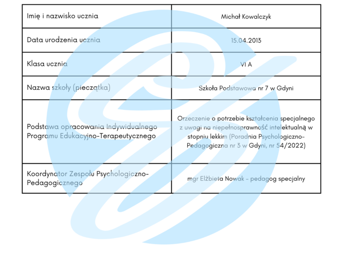 WOPFU – przykład dla ucznia z niepełnosprawnością intelektualną w stopniu lekkim (klasa 6)