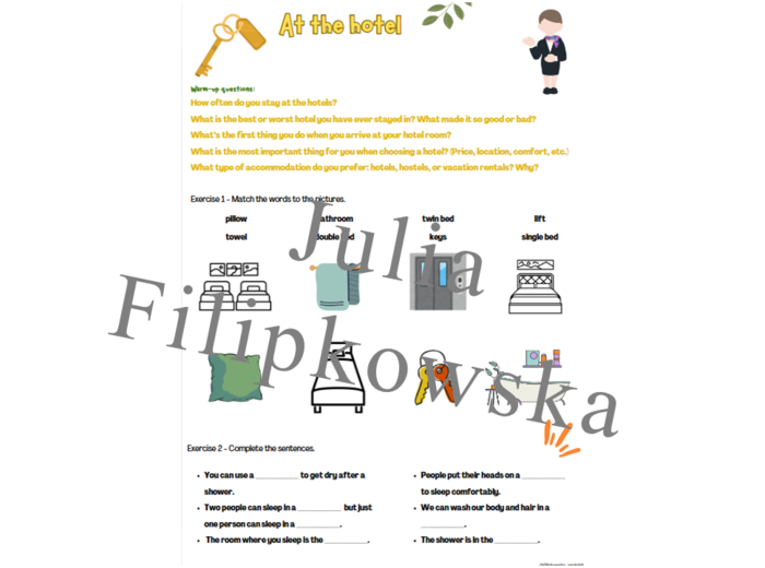 Zestaw zadań/ karta pracy/ zadania/ mówienie/ słownictwo/ Liceum / Dorośli / At the hotel / Hotel/ W hotelu/ Praktyczne/ Gotowa lekcja