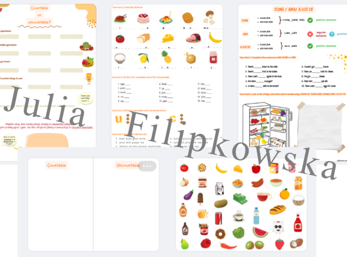 Rzeczowniki policzalne i niepoliczalne / Countable and uncountable nouns / Some / Any / A lot of / Brainy 4 Unit 6 / Jedzenie / Worksheet/ Zestaw zadań/ Teoria i Praktyka/ Teoria/ Theory/ Zadania/ Pakiet/ Karta pracy/ Gramatyka/ Grammar/ English Grammar/