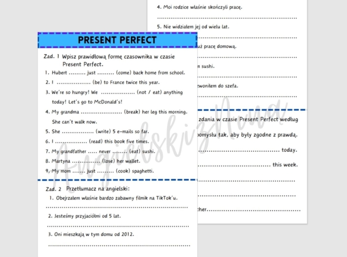 Present Perfect - ćwiczenia karta pracy powtórka egzamin ósmoklasisty matura angielski