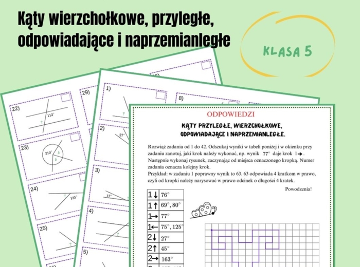 Własności kątów, kąty wierzchołkowe, przyległe, odpowiadające i naprzemianległe, karta pracy, dyktando grafomotoryczne, kodowanie, klasa 5