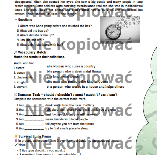 Karta pracy "Lost in Time" - reading/speaking, użycie should/must/can B1