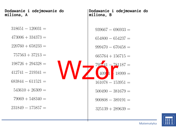 Dodawanie i odejmowanie do miliona | matematyka | 26 kolumn
