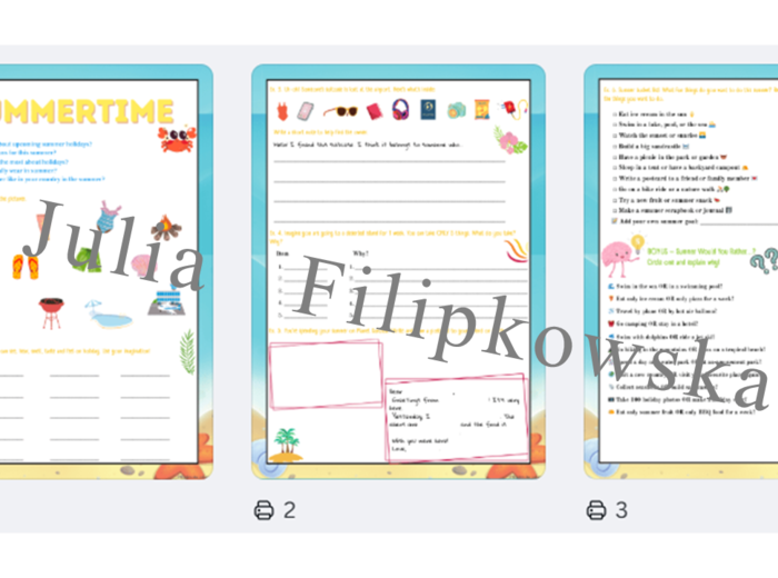 Summer Holidays / Wakacyjny zestaw zadań/ karta pracy / Gotowa lekcja / Lato / Wakacje / Zadania/ Mówienie/ Słownictwo/ Klasy 4-6 Materiał cyfrowy