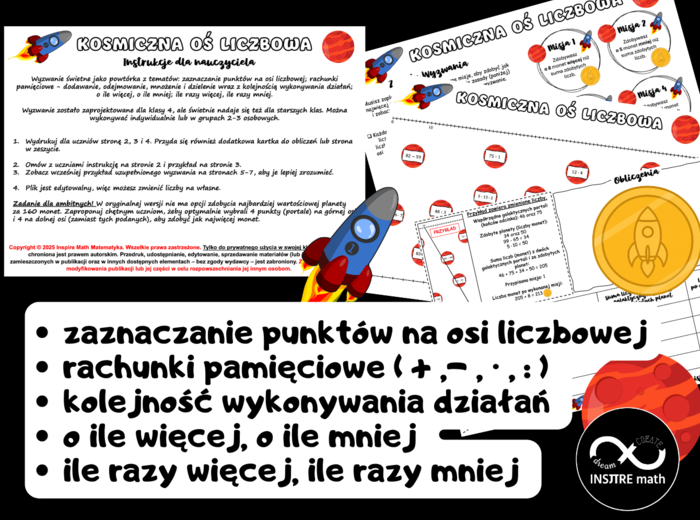 Matematyczne wyzwanie: Kosmiczna Oś Liczbowa. Rachunki pamięciowe, kolejność działań, o ile więcej, o ile mniej, ile razy więcej, ile razy mniej, zaznaczanie punktów na osi liczbowej.